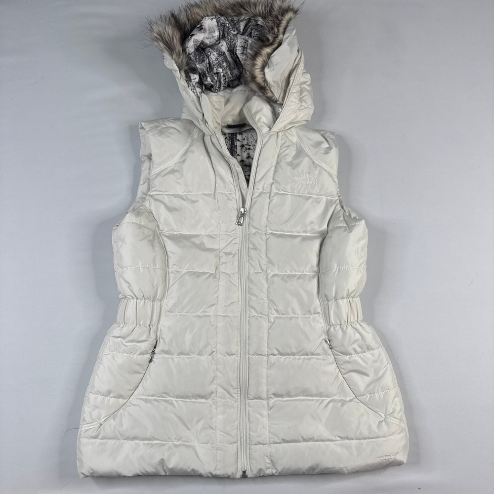 The North Face 550 Down Puffer Vest Womens Medium White Faux‎ Fur Hood